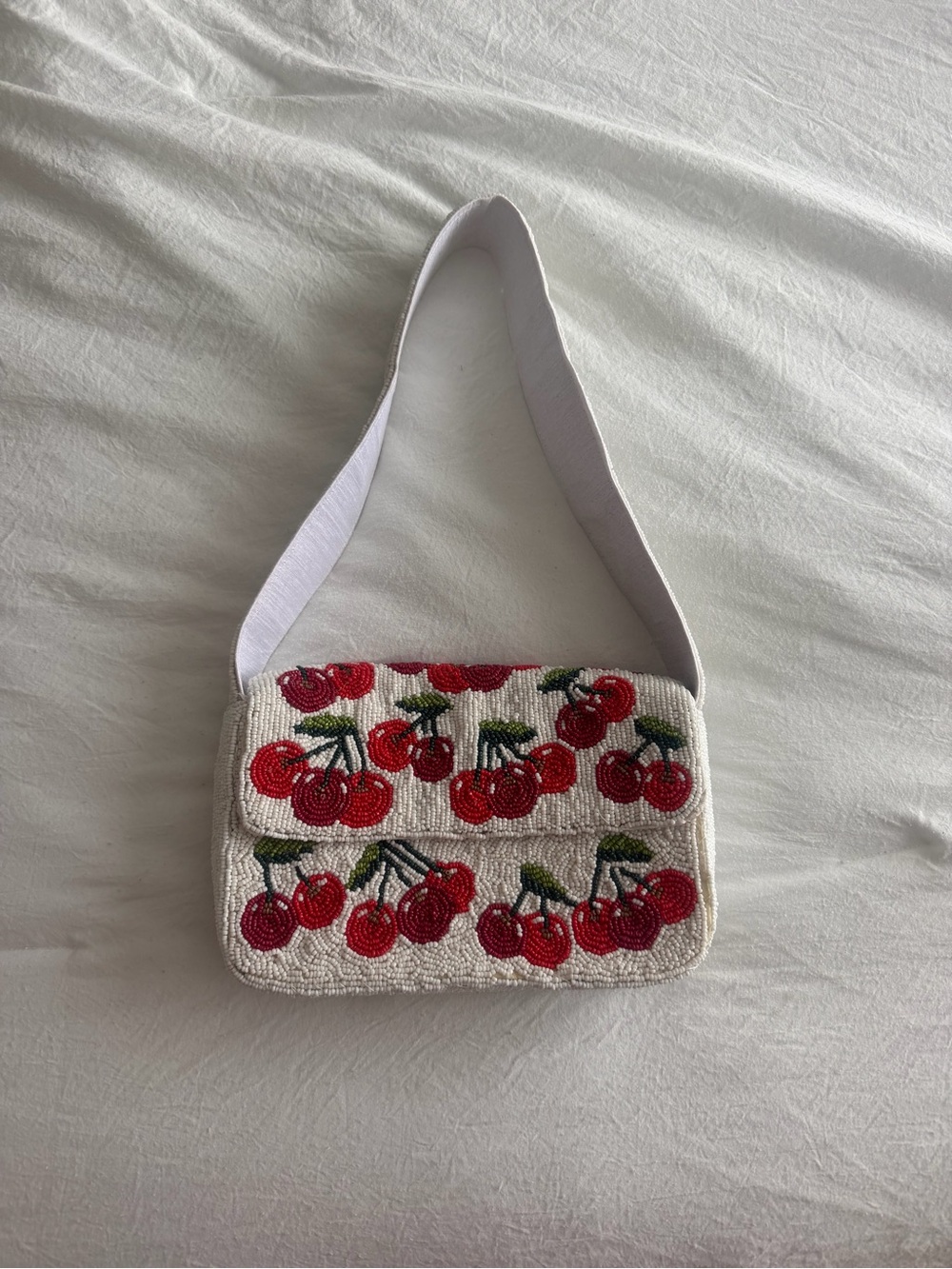 White Beaded Cherry Shoulder Bag